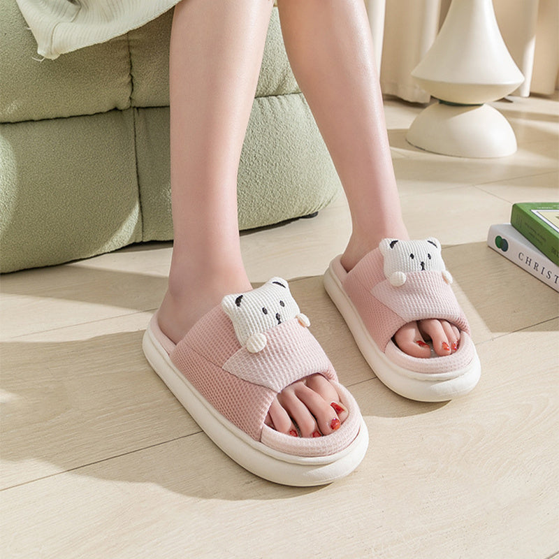 Cute Cartoon Bear Slippers Spring And Autumn Fashion Thick-soled Mute Linen Slipper Women's House Shoes