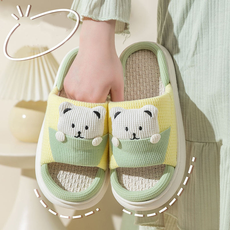 Cute Cartoon Bear Slippers Spring And Autumn Fashion Thick-soled Mute Linen Slipper Women's House Shoes