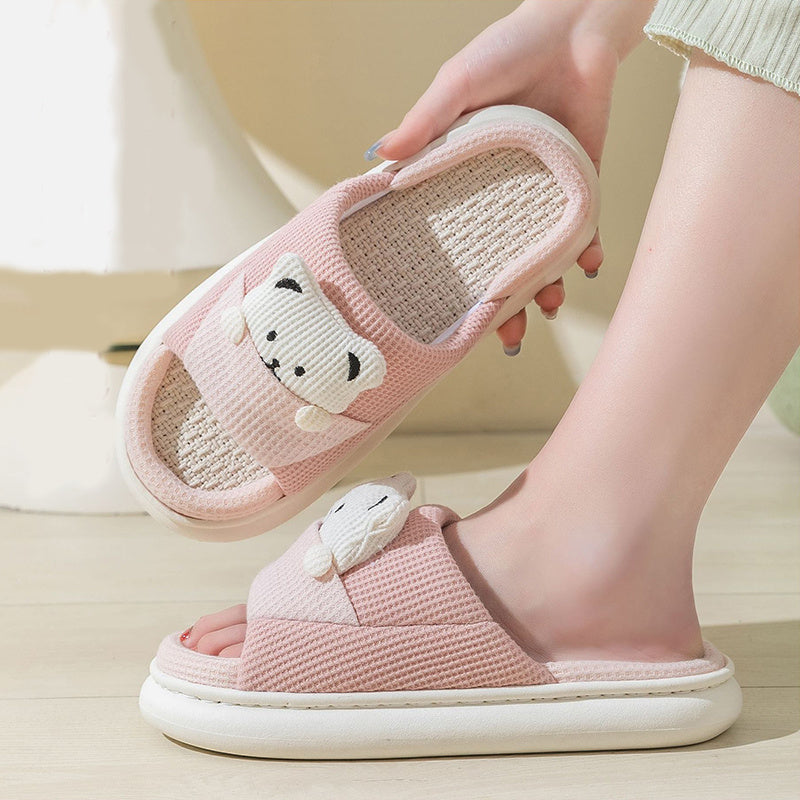 Cute Cartoon Bear Slippers Spring And Autumn Fashion Thick-soled Mute Linen Slipper Women's House Shoes