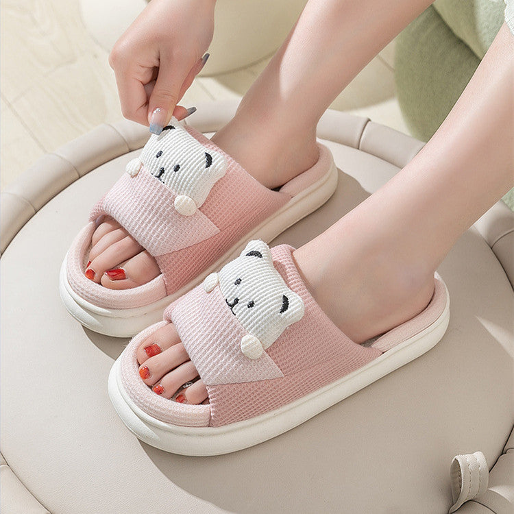 Cute Cartoon Bear Slippers Spring And Autumn Fashion Thick-soled Mute Linen Slipper Women's House Shoes