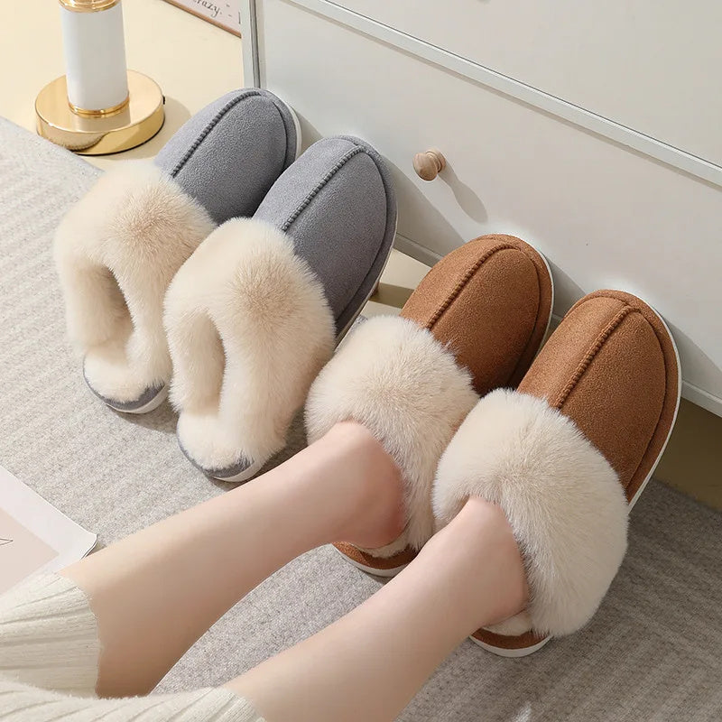 Warm Plush Home Slippers for Women - Indoor Fur Slippers - Comfy Non-Slip Bedroom Shoes
